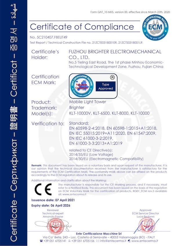 CE certificate of compliance for mobile light towers