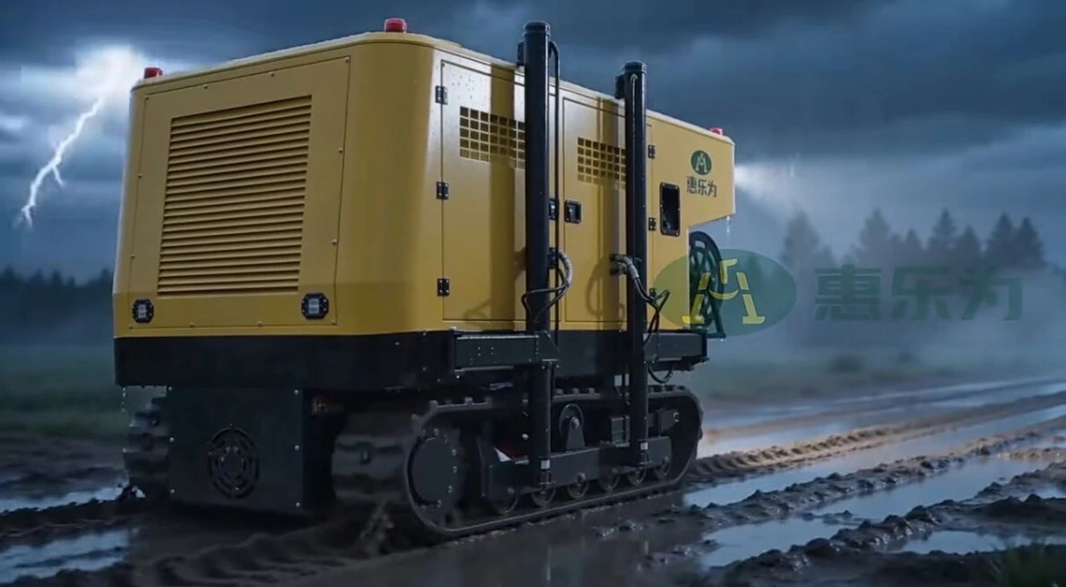 Tracked drainage machine operating in heavy rain and mud